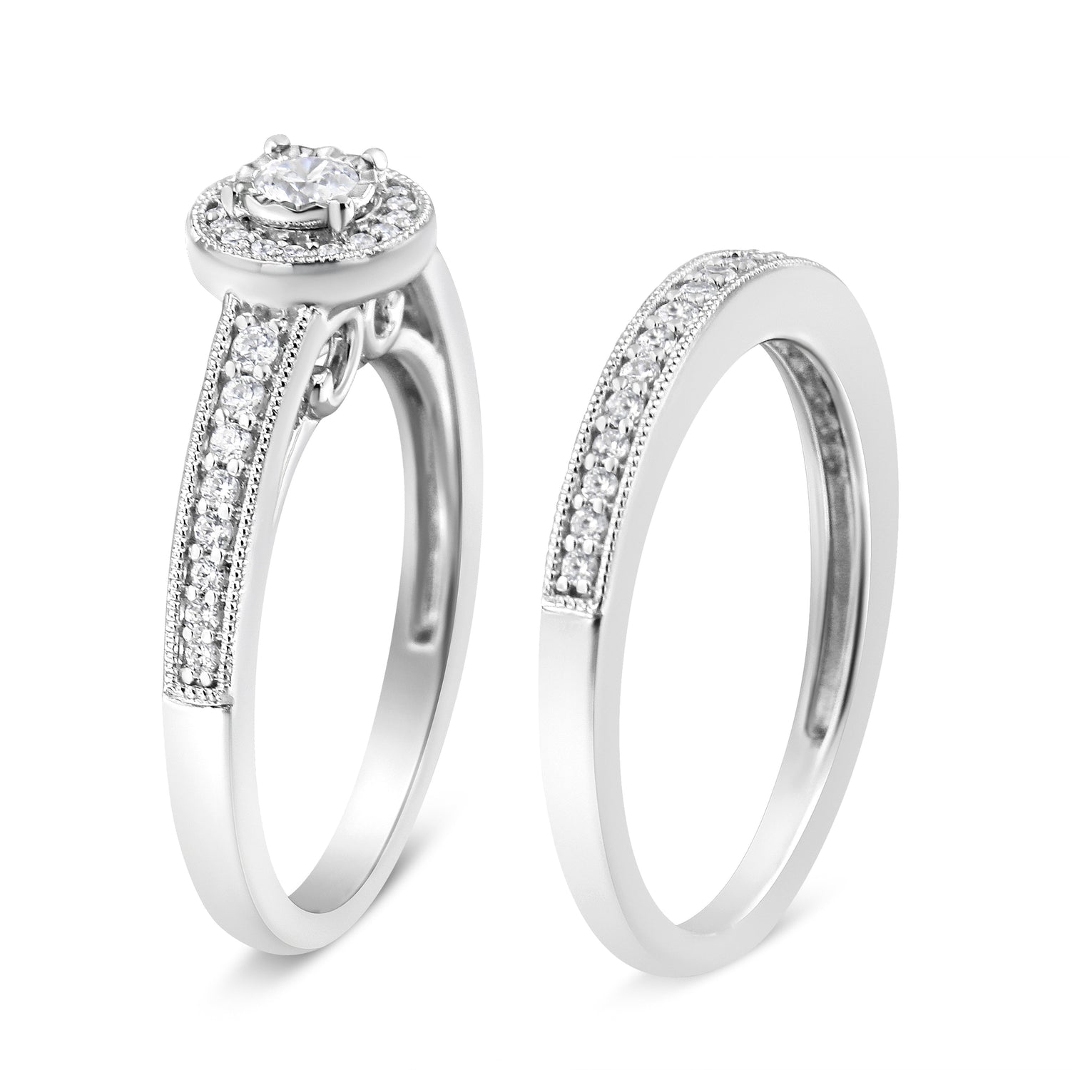 .925 Sterling Silver 1/2 Ctw Diamond Halo and Milgrain Engagement Ring Bridal Set (I-J Color, I3 Clarity) - Ring Size 7 by Bids.com