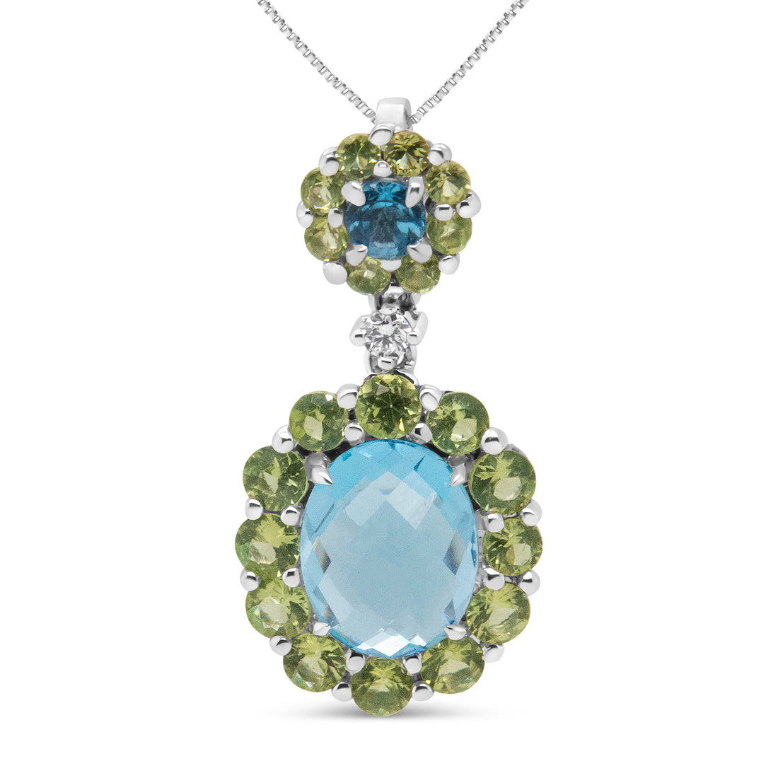 18k White Gold 0.05 Cttw Round Diamond and Blue Topaz and Green Peridot Gemstone Halo Drop 18" Pendant Necklace (F-G Color, VS1-VS2 Clarity) by Bids.com