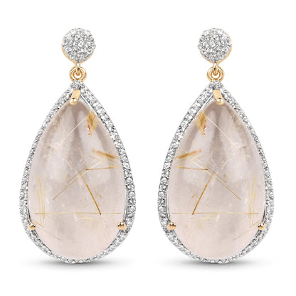 14K Yellow Gold Plated 35.15 Carat Genuine Golden Rutile and White Topaz .925 Sterling Silver Earrings  DestGlow