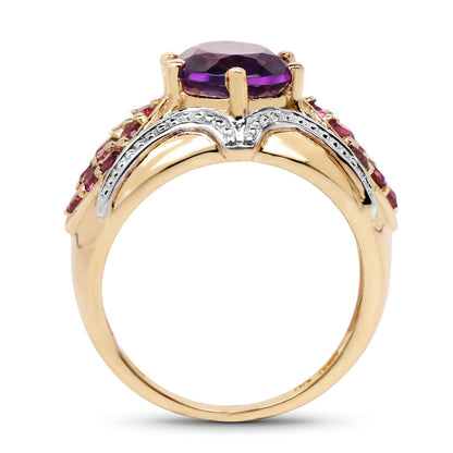 14K Yellow Gold Plated 3.01 Carat Genuine Amethyst &amp; Rhodolite .925 Sterling Silver Ring  DestGlow