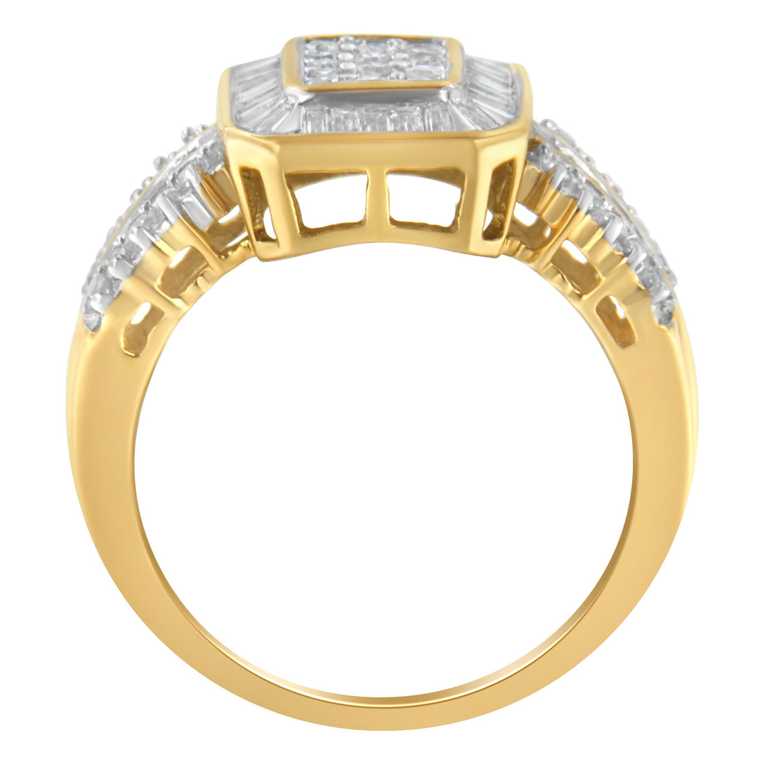 10K Yellow Gold Round and Baguette-Cut Diamond Cluster Ring (1.0 Cttw, I-J Color, SI1-SI2 Clarity) - Size 7 by Bids.com