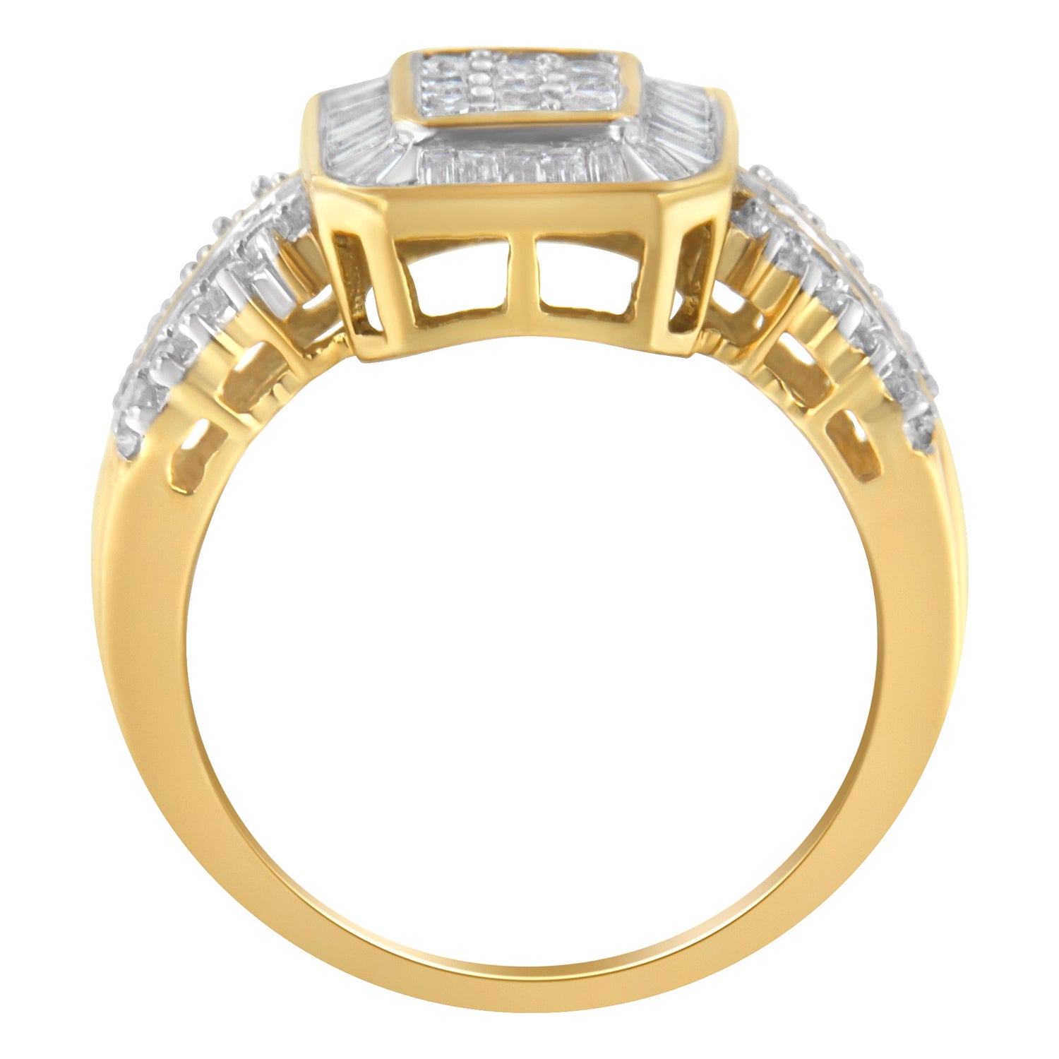 10K Yellow Gold Round and Baguette-Cut Diamond Cluster Ring (1.0 Cttw, I-J Color, SI1-SI2 Clarity) - Size 7 by Bids.com