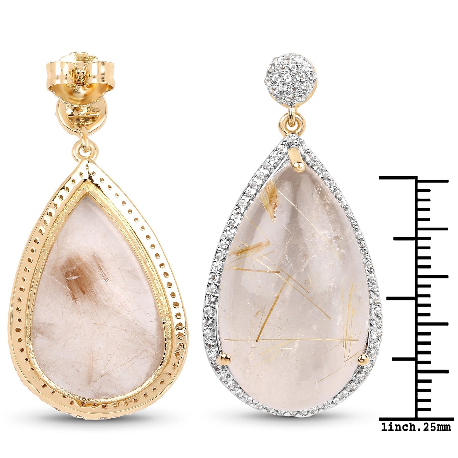 14K Yellow Gold Plated 35.15 Carat Genuine Golden Rutile and White Topaz .925 Sterling Silver Earrings  DestGlow
