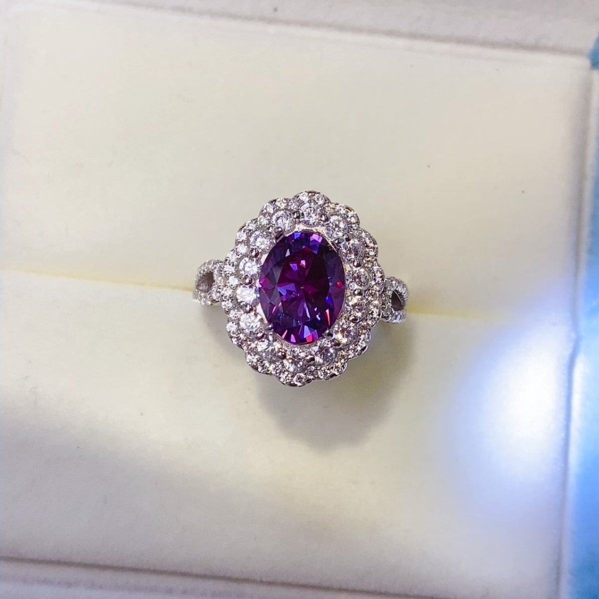 2 Carat Purple Oval-Cut Purple Oval-Cut Sparkala™ Pure Sterling Silver Halo Ring - DestGlow
