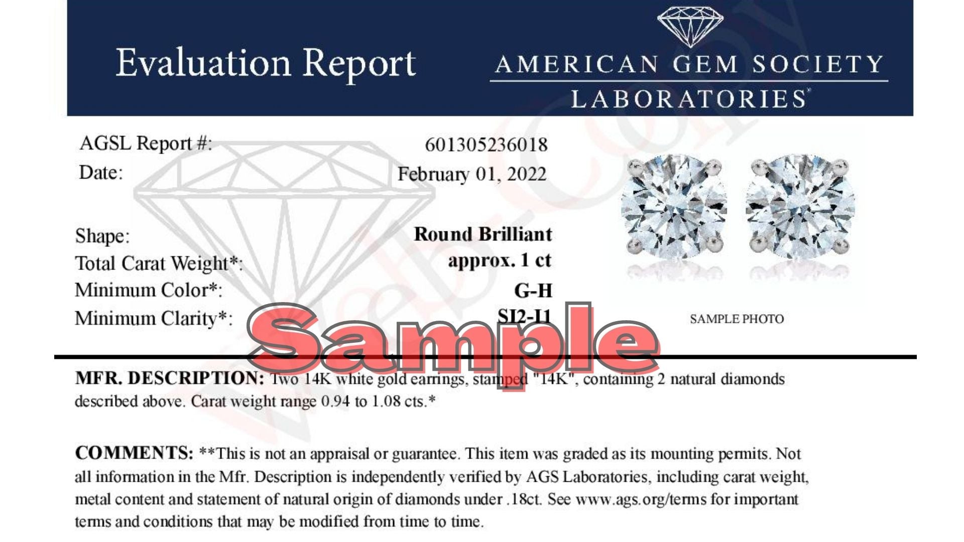 AGS Certified 14K White Gold 1.0 Cttw 4-Prong Set Brilliant Round-Cut Solitaire Diamond Push Back Stud Earrings (G-H Color, SI2-I1 Clarity) by Bids.com