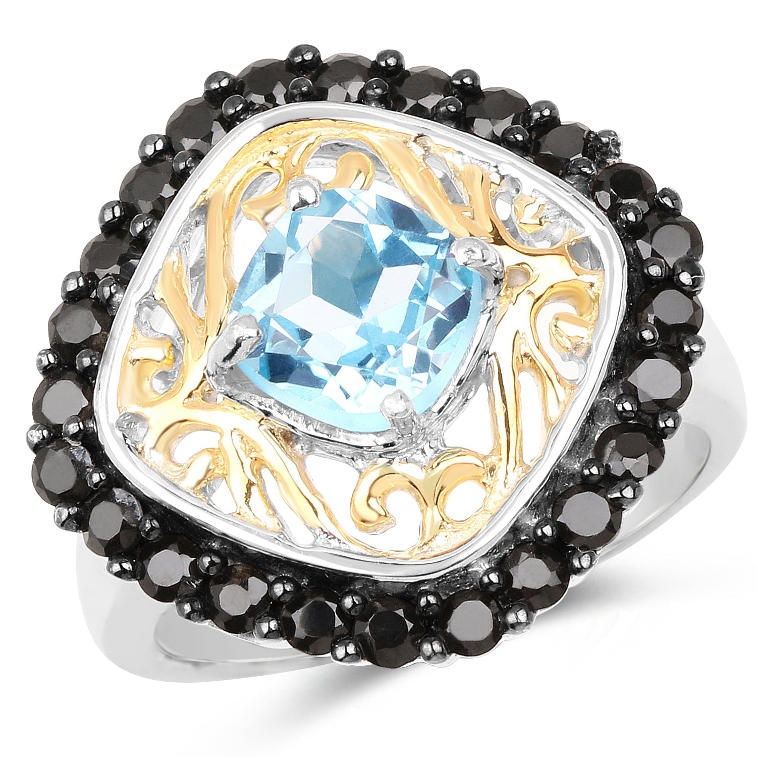 Two Tone Plated 2.85 Carat Genuine Swiss Blue Topaz and Black Spinel .925 Sterling Silver Ring by Bids.com