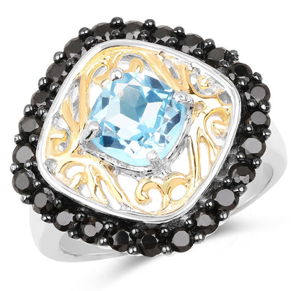 Two Tone Plated 2.85 Carat Genuine Swiss Blue Topaz and Black Spinel .925 Sterling Silver Ring by Bids.com