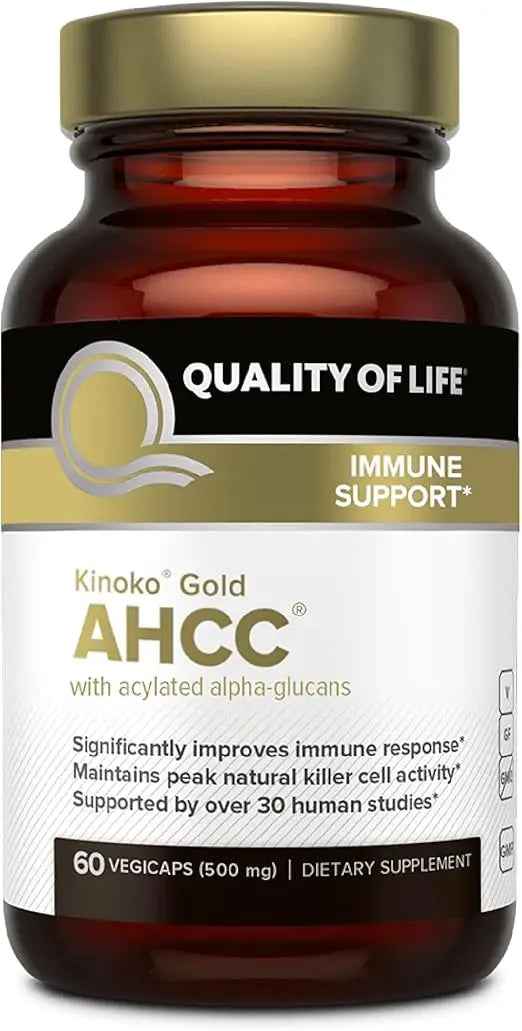Quality of Life Premium Kinoko Gold AHCC Supplement, 500 mg per Capsule, Supports Immune Health, Liver Function, Maintains Natural Killer Cell Activity &amp; Enhances Cytokine Production, 60 Veg Capsules