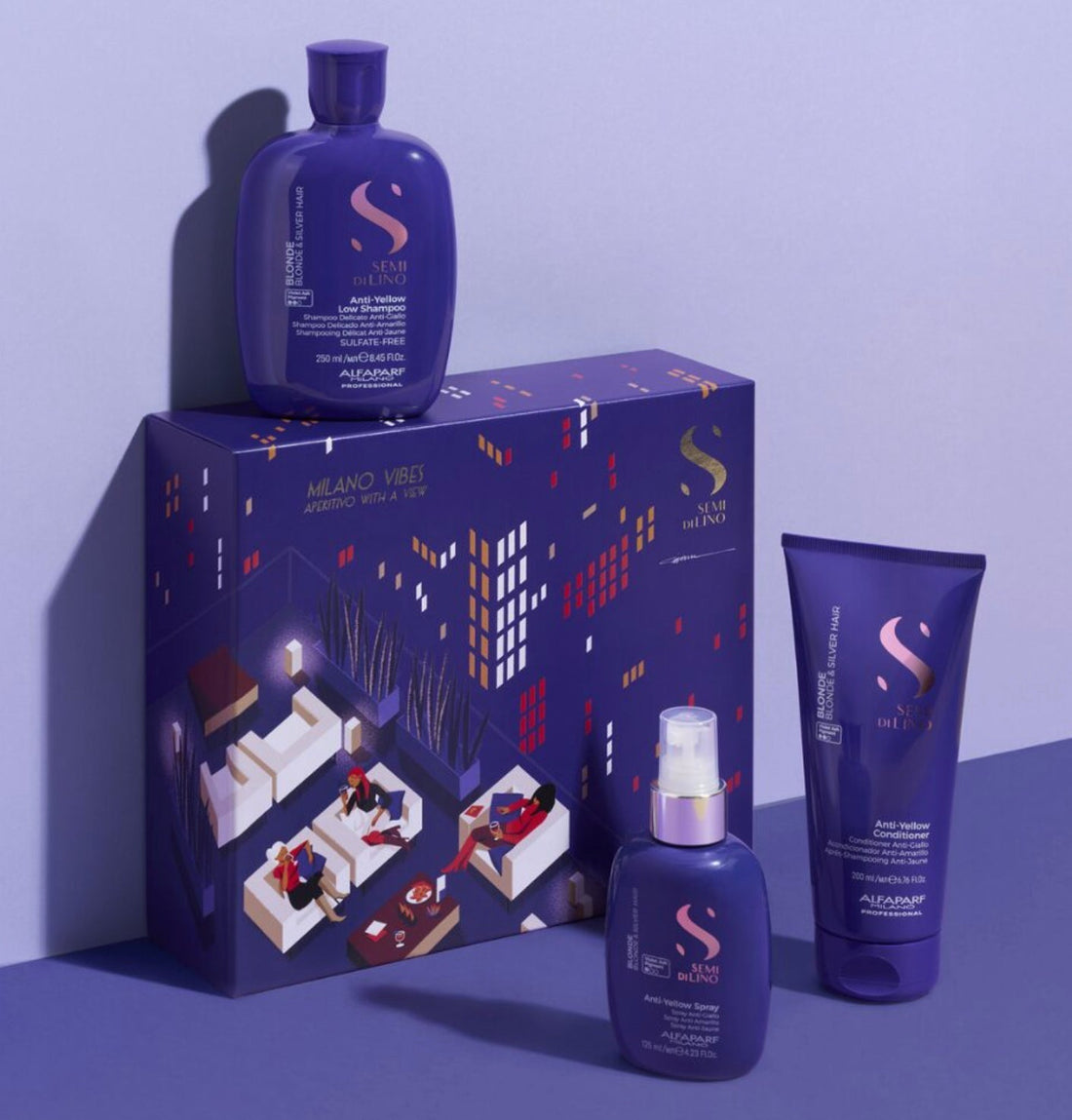 Alfaparf Milano Semi Di Lino Gift Set for Blonde and Silver Hair - Anti-Yellow Sulfate Free Shampoo, Conditioner and Leave-In Spray Toner - Neutralizes Unwanted Yellow Tones 