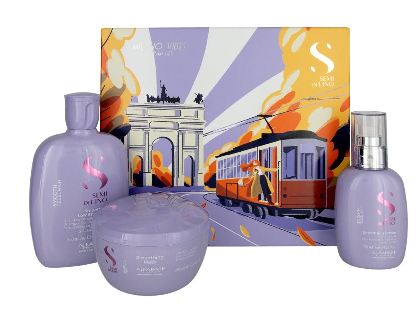 Alfaparf Milano Semi Di Lino Smooth Gift Set for Rebel and Frizzy Hair - Sulfate Free Shampoo, Hair Mask and Smoothing Cream - Anti Frizz Control 