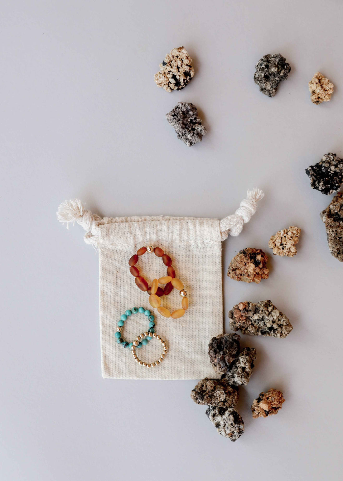 Natural Turquoise + 14k Gold Filled + Honey Amber || Ring Set Trio ||