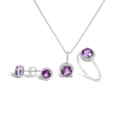 10K White Gold Purple Amethyst and 3/8 Cttw Diamond Halo Jewelry Set (Earrings, Pendant &amp; Ring)