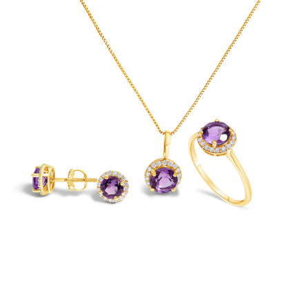 10K White Gold Purple Amethyst and 3/8 Cttw Diamond Halo Jewelry Set (Earrings, Pendant &amp; Ring)