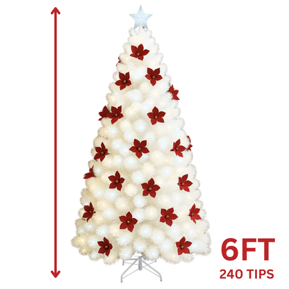 6FT Artificial Christmas Tree with Lights 240 Tips – White with Poinsettias, Green with Bows, or Green with Pinecones (AA2024-11-0903 / 0904 / 0905)