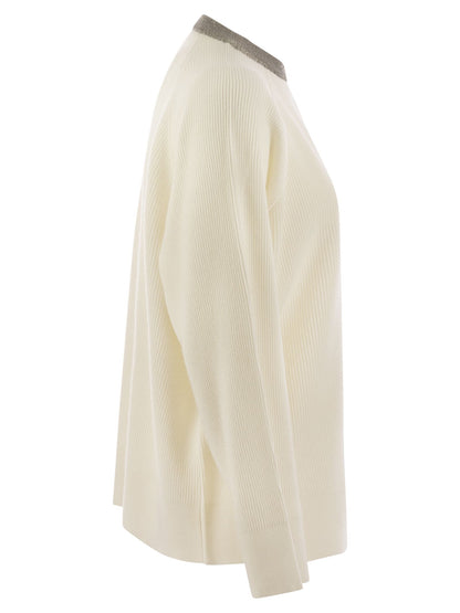 Brunello Cucinelli Women Ribbed Cashmere Sweater With Necklace by Luosophy