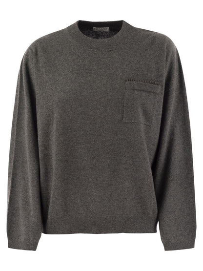 Brunello Cucinelli Women Cashmere Sweater With Breast Pocket And Necklace by Luosophy