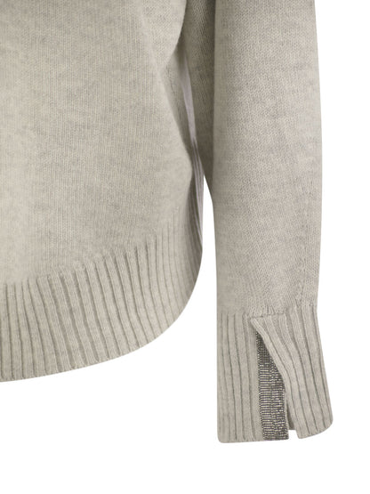 Brunello Cucinelli Women Cashmere Chimney Neck Sweater With Shiny Cuff Details by Luosophy
