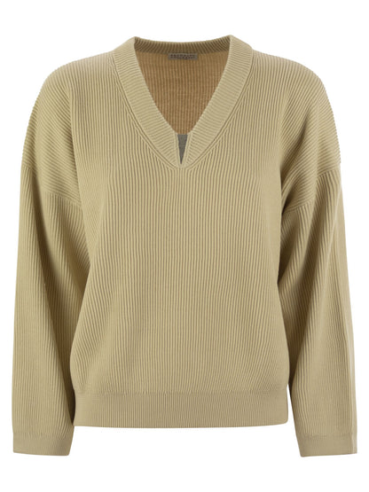 Brunello Cucinelli Women Cotton Rib Sweater With Shiny Detail by Luosophy