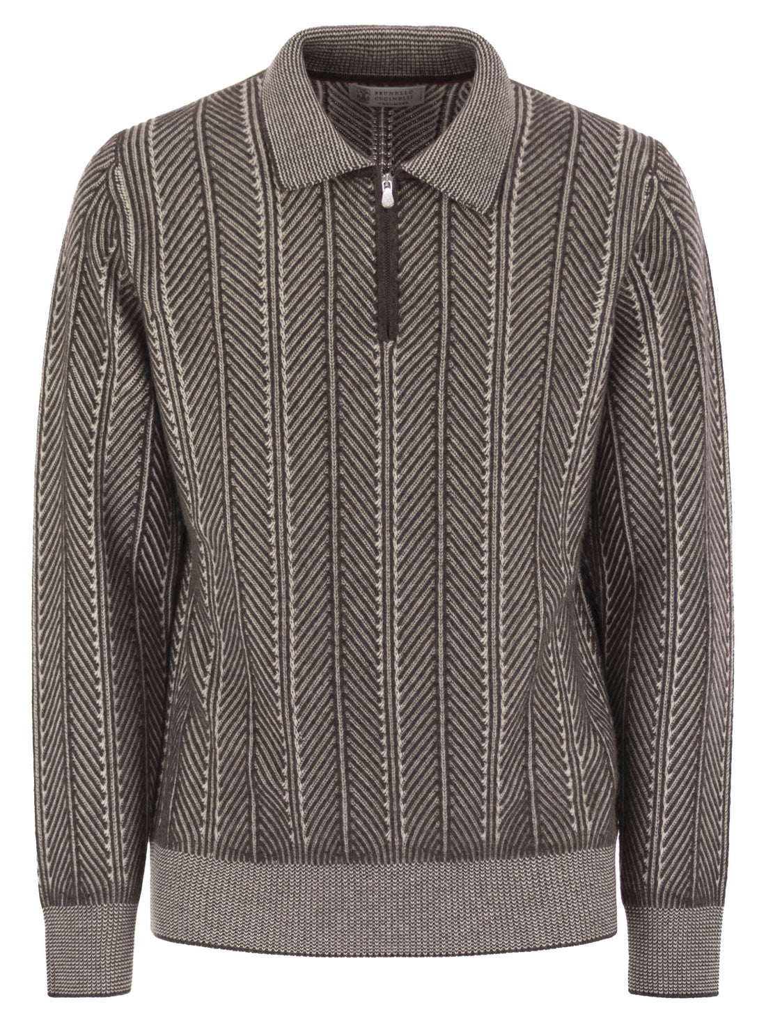 Brunello Cucinelli Men Vanisé Chevron Cashmere Sweater With Polo Neck And Zip Opening by Luosophy