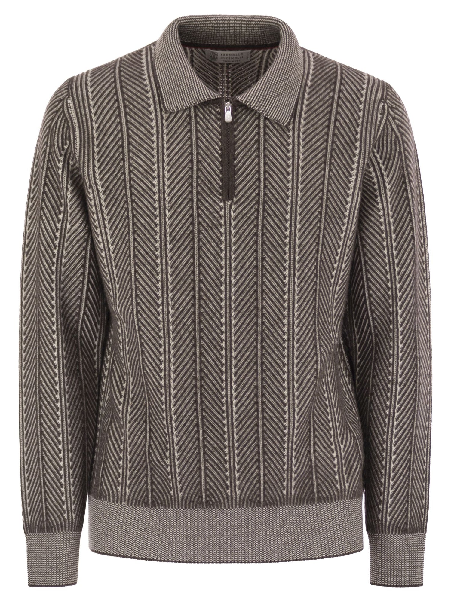 Brunello Cucinelli Men Vanisé Chevron Cashmere Sweater With Polo Neck And Zip Opening by Luosophy