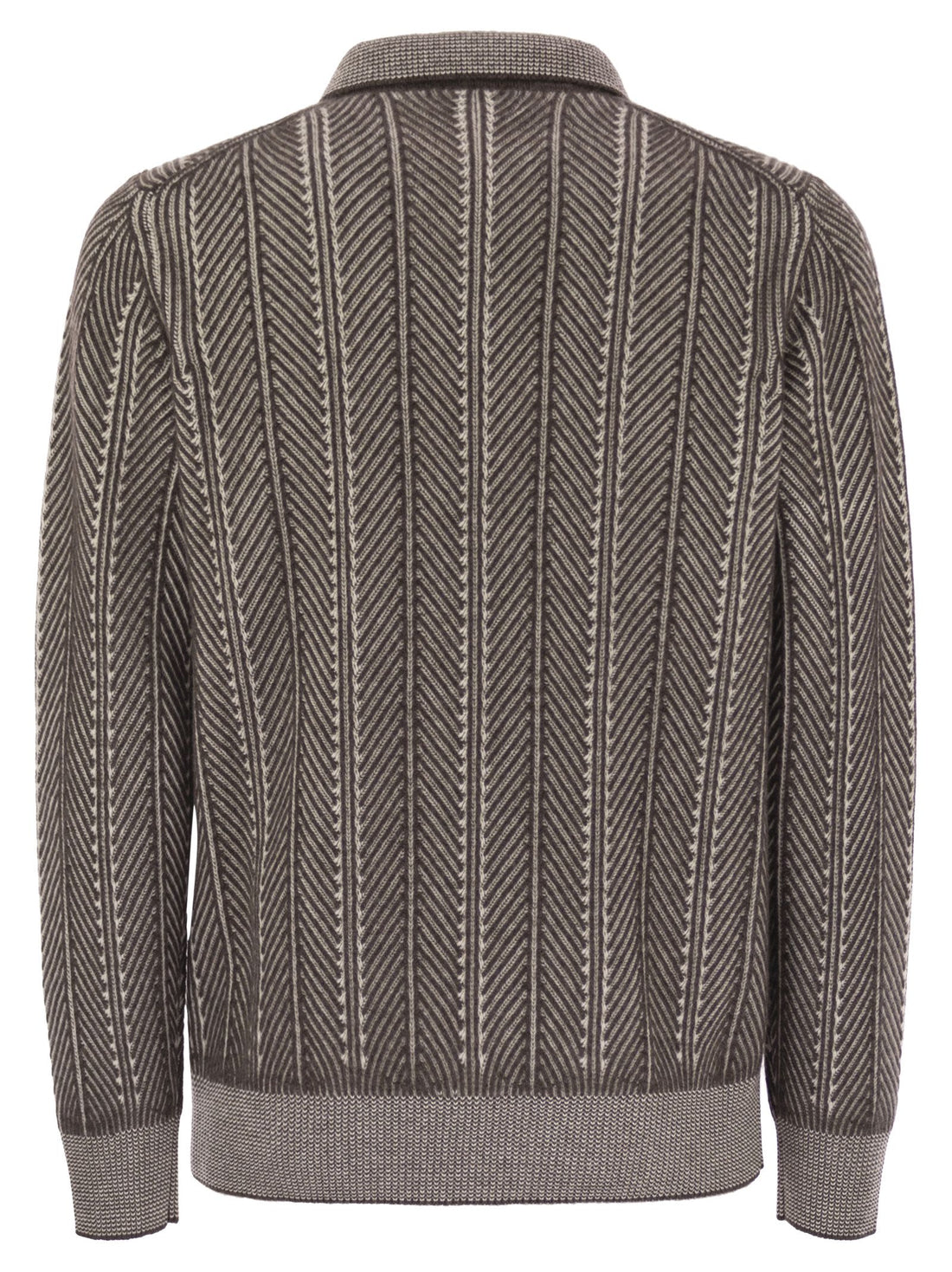 Brunello Cucinelli Men Vanisé Chevron Cashmere Sweater With Polo Neck And Zip Opening by Luosophy