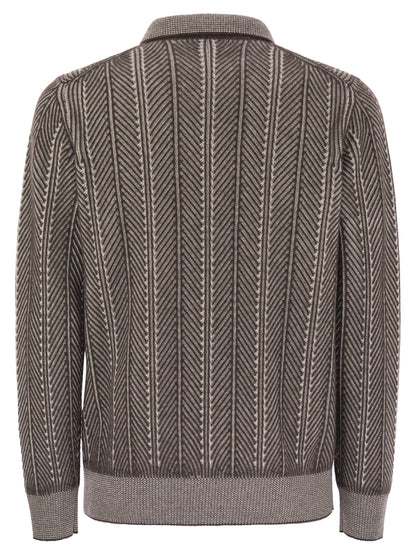 Brunello Cucinelli Men Vanisé Chevron Cashmere Sweater With Polo Neck And Zip Opening by Luosophy