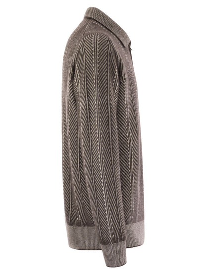 Brunello Cucinelli Men Vanisé Chevron Cashmere Sweater With Polo Neck And Zip Opening by Luosophy