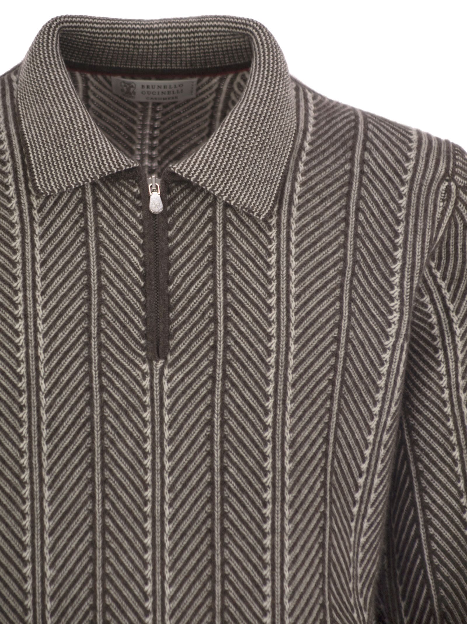 Brunello Cucinelli Men Vanisé Chevron Cashmere Sweater With Polo Neck And Zip Opening by Luosophy