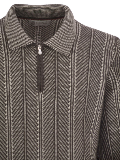 Brunello Cucinelli Men Vanisé Chevron Cashmere Sweater With Polo Neck And Zip Opening by Luosophy