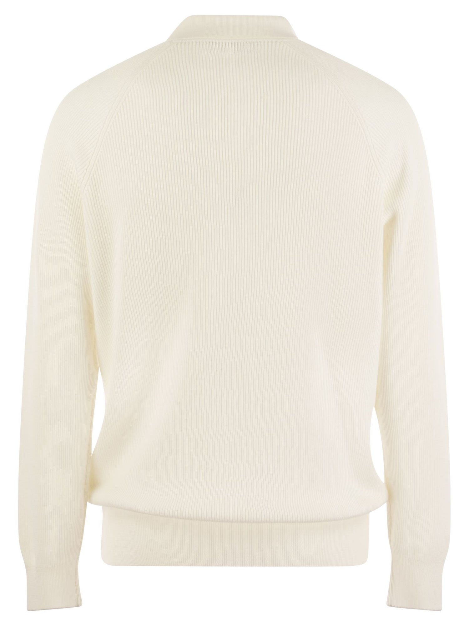 Brunello Cucinelli Men Cotton Rib Knit Polo Shirt With Long Raglan Sleeve by Luosophy