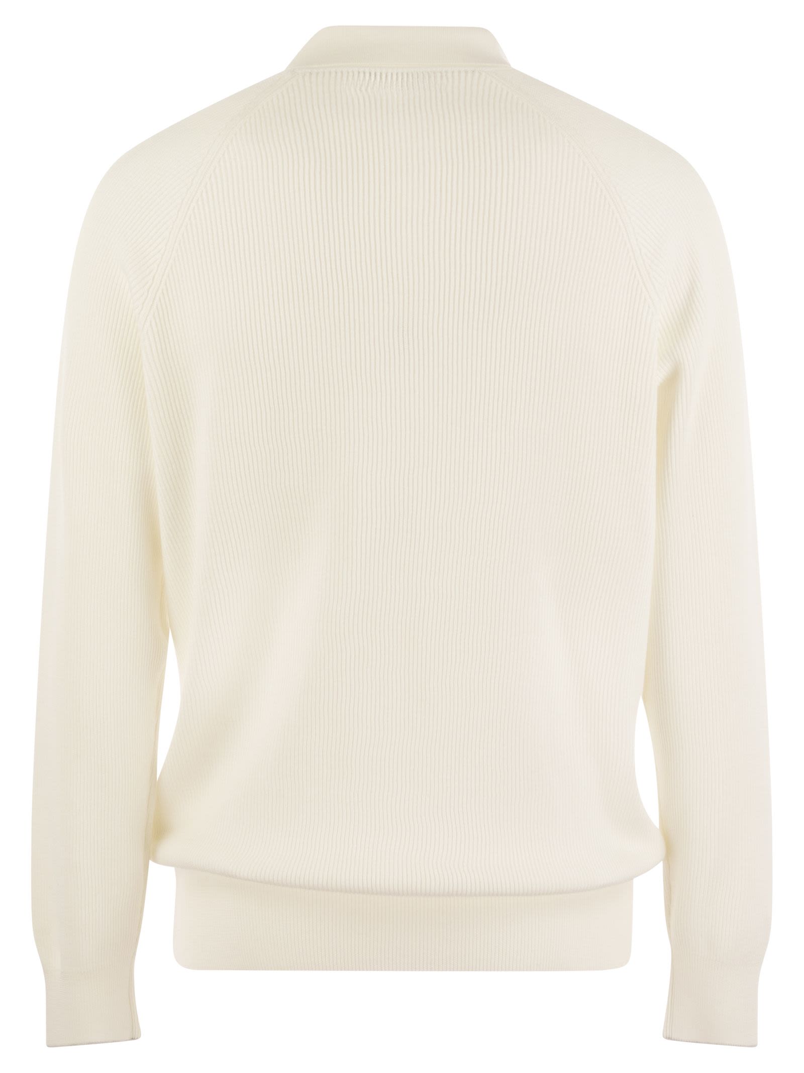 Brunello Cucinelli Men Cotton Rib Knit Polo Shirt With Long Raglan Sleeve by Luosophy
