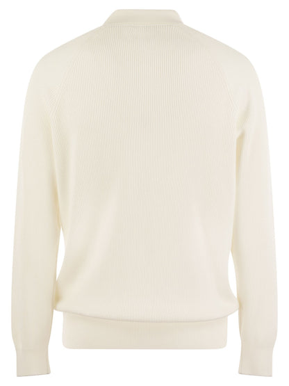 Brunello Cucinelli Men Cotton Rib Knit Polo Shirt With Long Raglan Sleeve by Luosophy