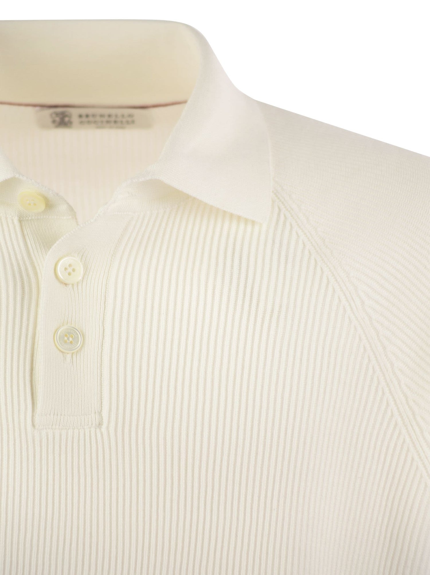 Brunello Cucinelli Men Cotton Rib Knit Polo Shirt With Long Raglan Sleeve by Luosophy
