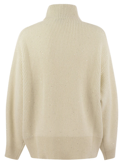 Brunello Cucinelli Women Wool And Cashmere Rib Sweater With Sequins by Luosophy