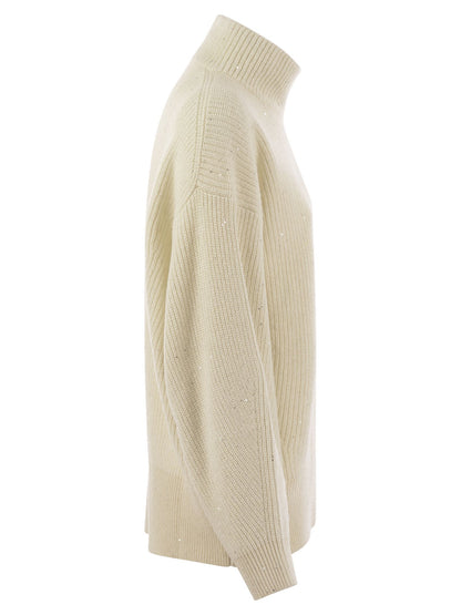 Brunello Cucinelli Women Wool And Cashmere Rib Sweater With Sequins by Luosophy