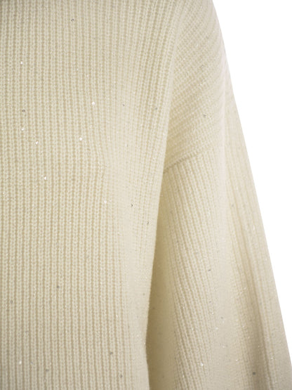 Brunello Cucinelli Women Wool And Cashmere Rib Sweater With Sequins by Luosophy