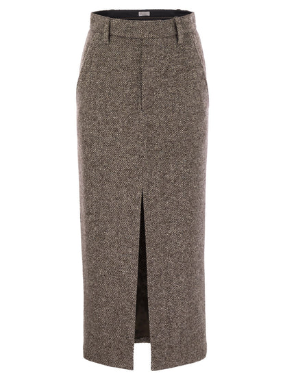 Brunello Cucinelli Women Sartorial Pencil Skirt In Diagonal Mélange Of Virgin Wool And Silk With Moniline by Luosophy