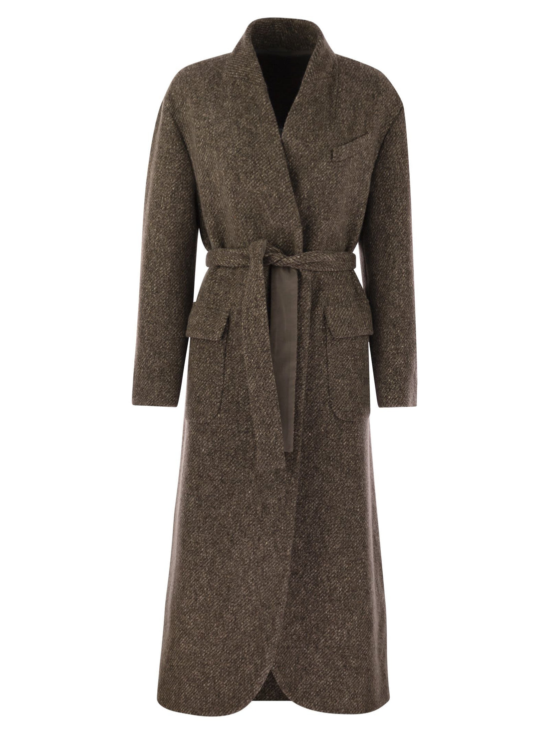 Brunello Cucinelli Women Wool And Cashmere Diagonal Mélange Coat With Belt And Necklace by Luosophy