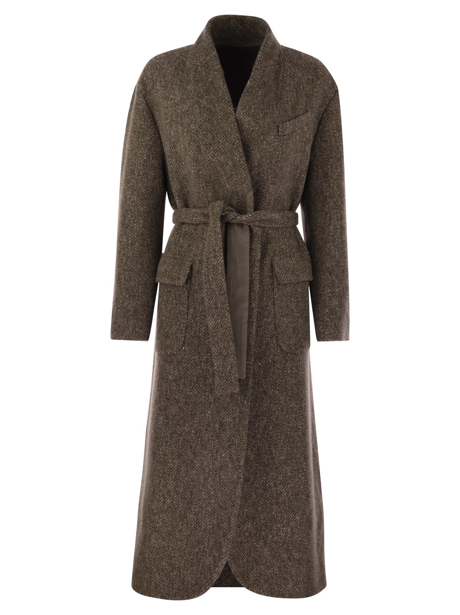 Brunello Cucinelli Women Wool And Cashmere Diagonal Mélange Coat With Belt And Necklace by Luosophy