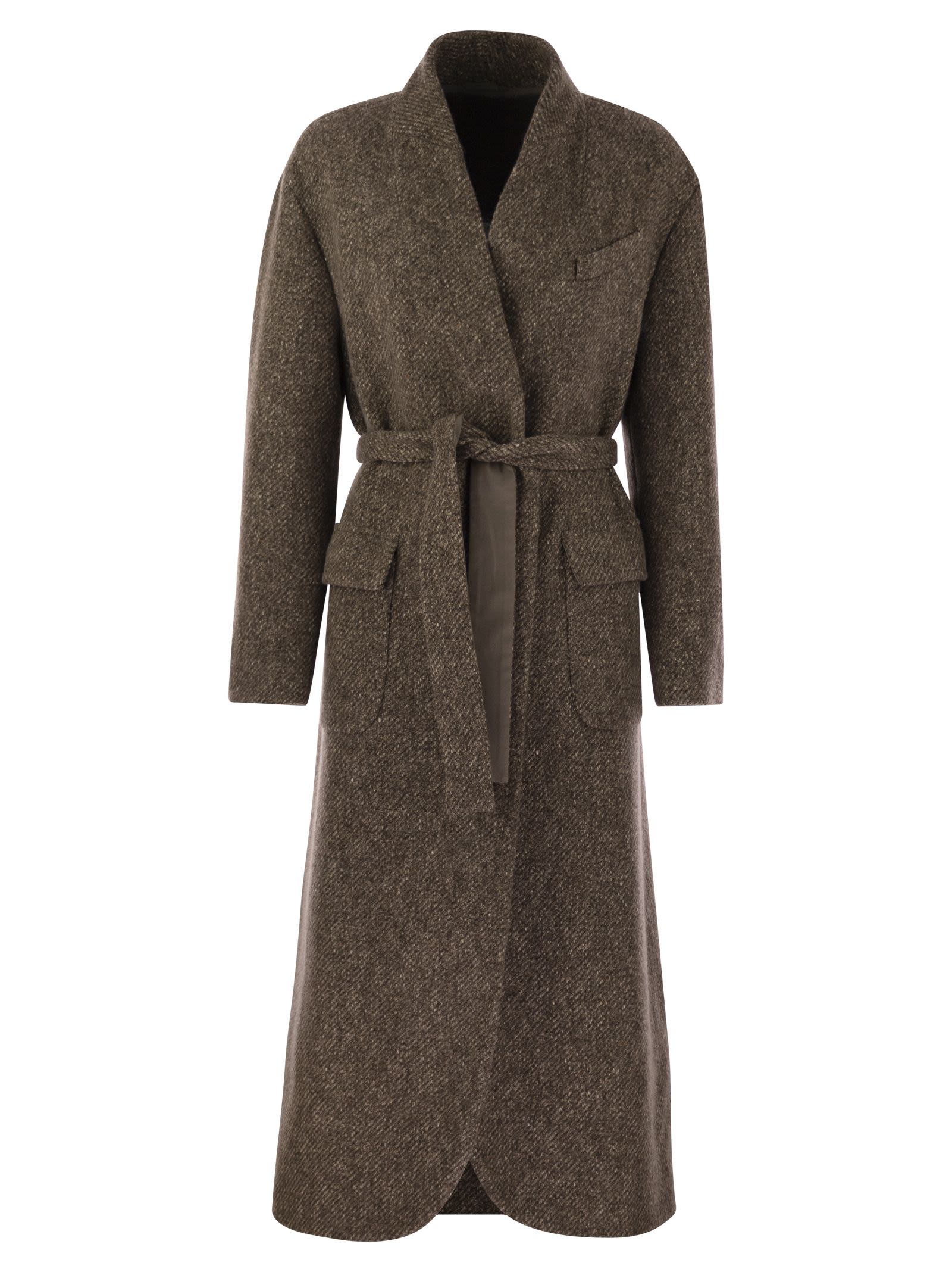Brunello Cucinelli Women Wool And Cashmere Diagonal Mélange Coat With Belt And Necklace by Luosophy