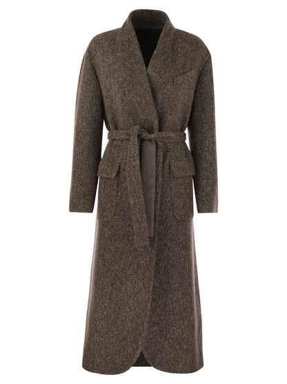 Brunello Cucinelli Women Wool And Cashmere Diagonal Mélange Coat With Belt And Necklace by Luosophy