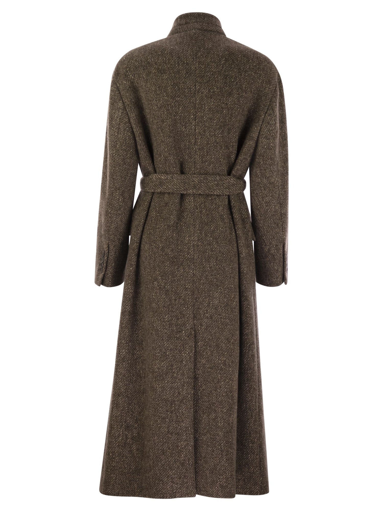 Brunello Cucinelli Women Wool And Cashmere Diagonal Mélange Coat With Belt And Necklace by Luosophy
