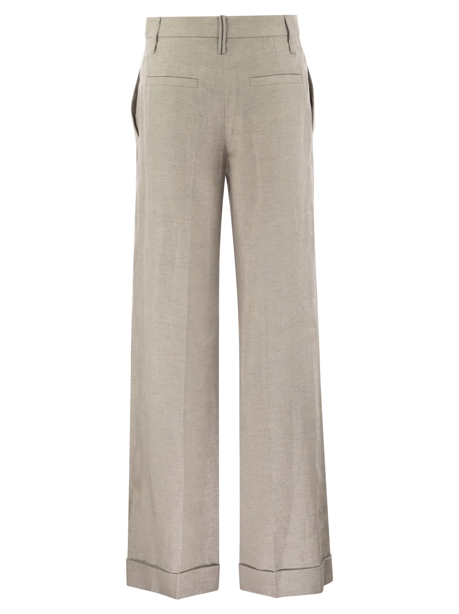 Brunello Cucinelli Women Flared Loose-Fitting Trousers In Sparkling Linen Twill With Necklace by Luosophy