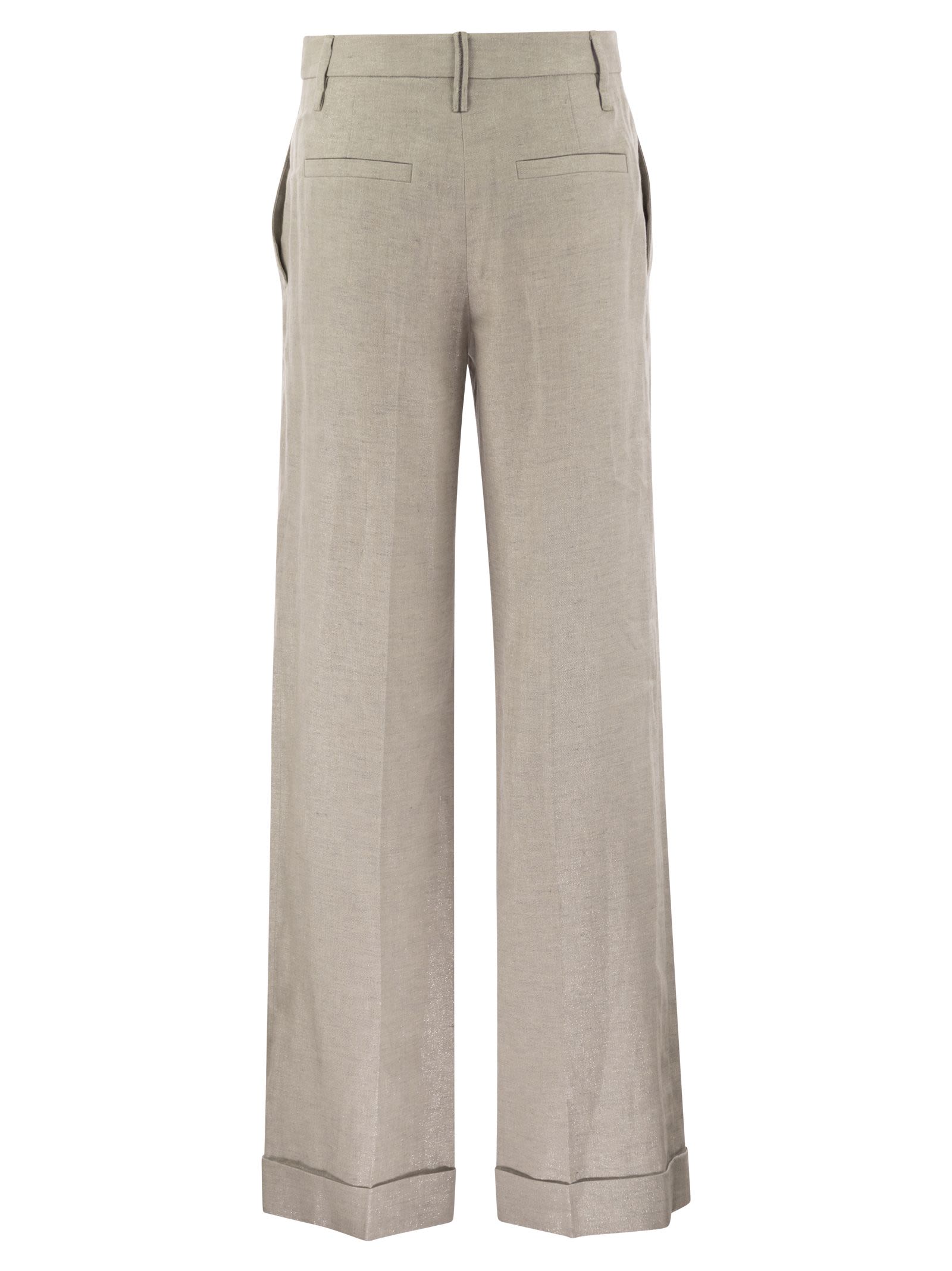 Brunello Cucinelli Women Flared Loose-Fitting Trousers In Sparkling Linen Twill With Necklace by Luosophy