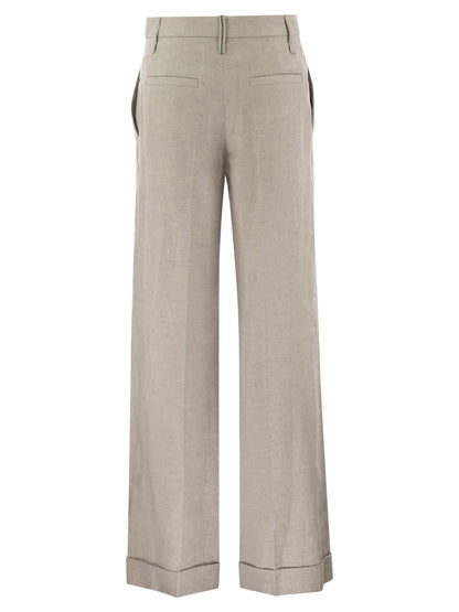 Brunello Cucinelli Women Flared Loose-Fitting Trousers In Sparkling Linen Twill With Necklace by Luosophy
