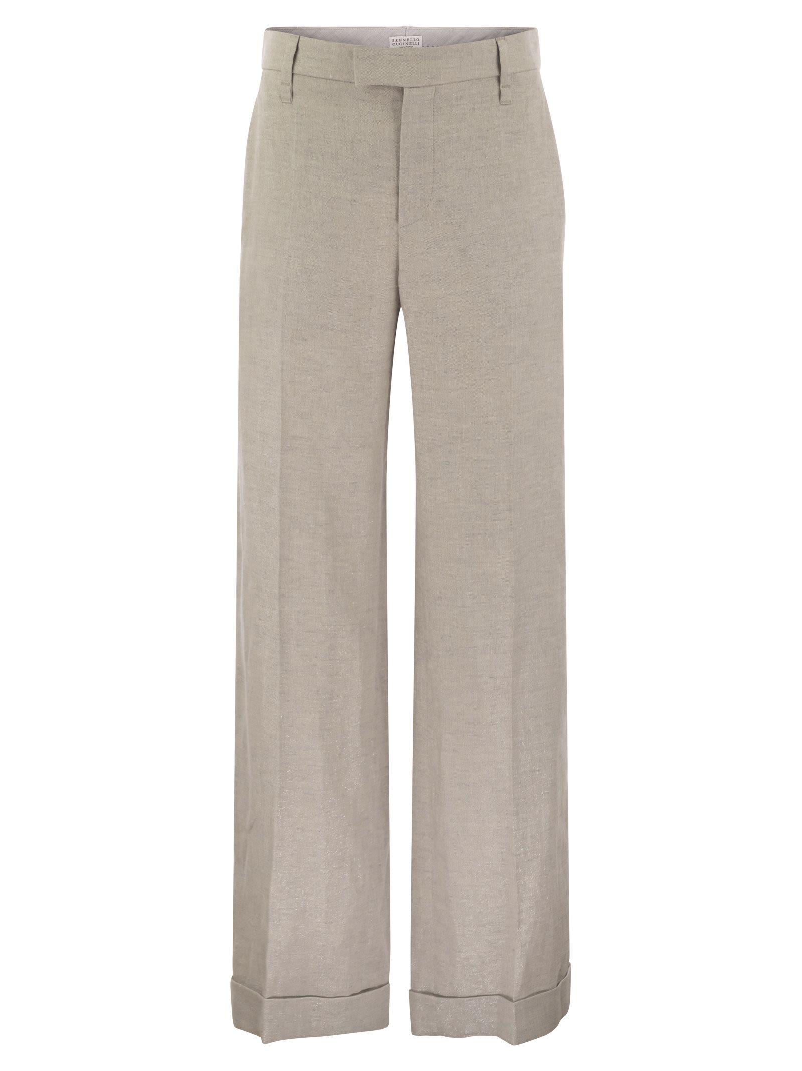Brunello Cucinelli Women Flared Loose-Fitting Trousers In Sparkling Linen Twill With Necklace by Luosophy