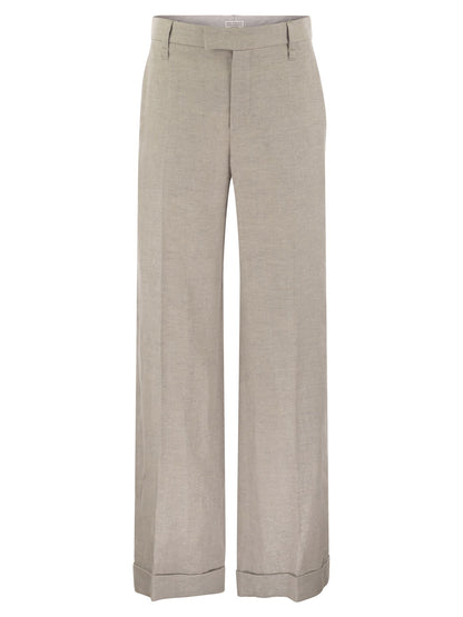 Brunello Cucinelli Women Flared Loose-Fitting Trousers In Sparkling Linen Twill With Necklace by Luosophy