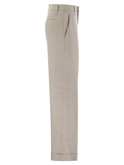 Brunello Cucinelli Women Flared Loose-Fitting Trousers In Sparkling Linen Twill With Necklace by Luosophy