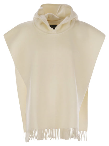 Brunello Cucinelli Women Double Knit Wool And Cashmere Poncho With Hood And Fringes by Luosophy