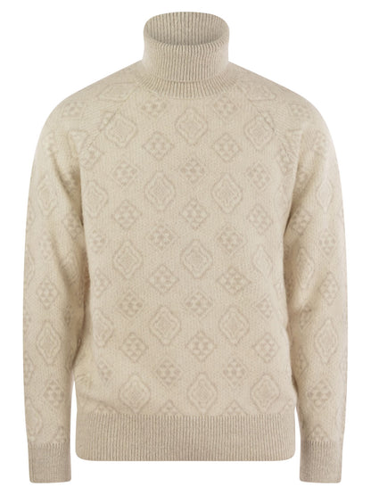 Brunello Cucinelli Men Geometric Jacquard Turtleneck Sweater In Alpaca, Cotton And Wool by Luosophy